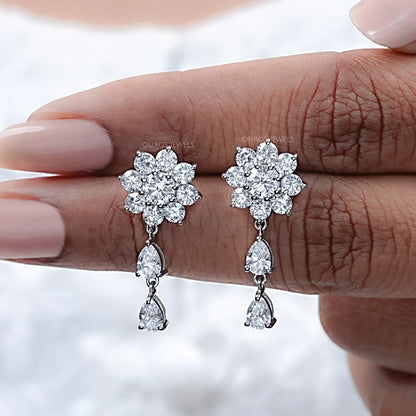 Round Diamond Halo Flower Drop Earrings Earrings