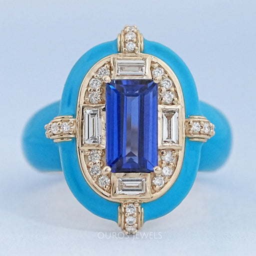 Sapphire Baguette With Enamel Cocktail Ring Blue Gemstone Rings