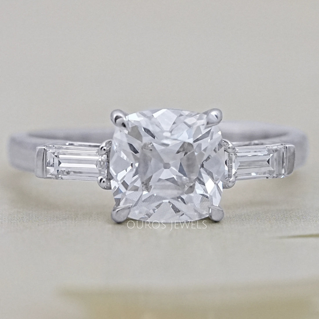 Square Old Mine Cushion Cut Lab Diamond Three Stone Ring Ring