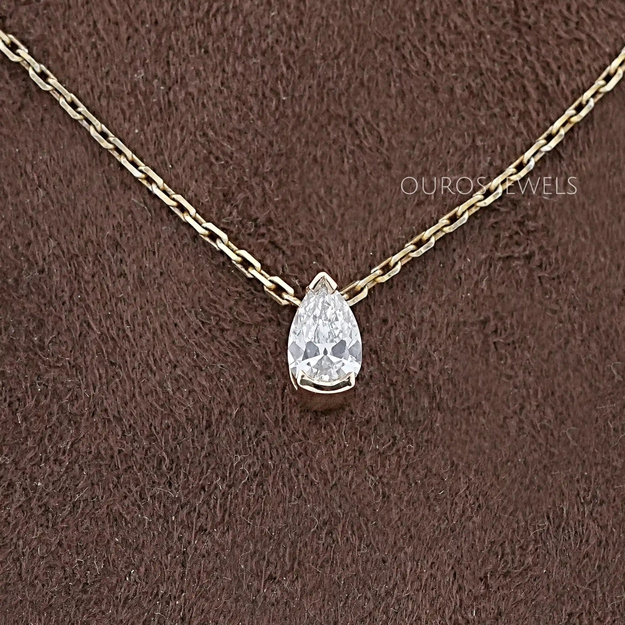 Old Mine Pear Diamond Half Bezel Solitaire Pendant Necklaces