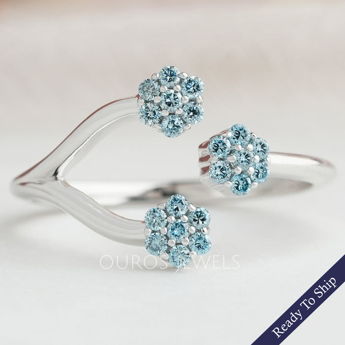 Blue Round Cut Lab Grown Diamond Open Cuff Dainty Ring