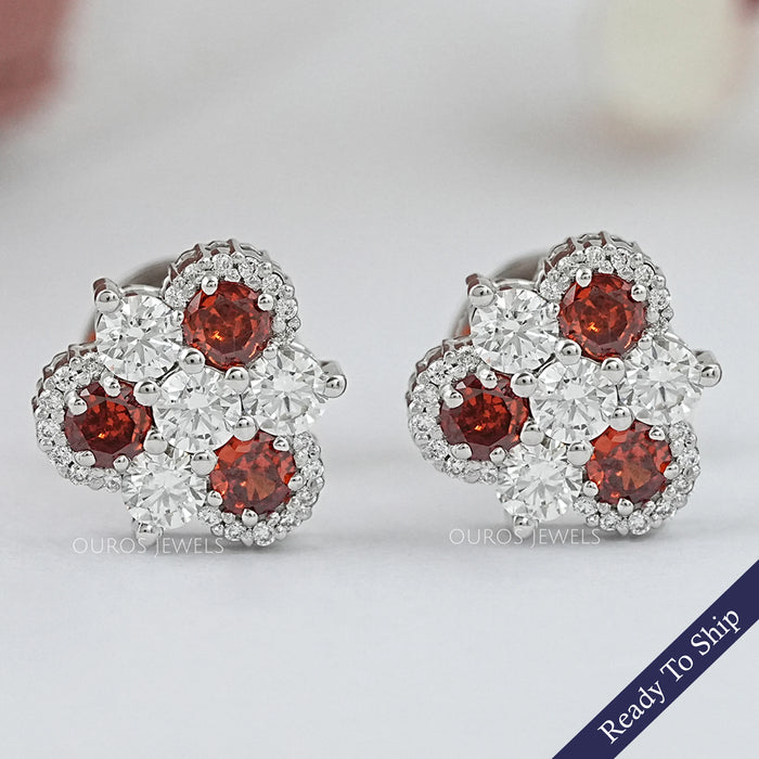 Red Ruby Three Stone Stud Earring