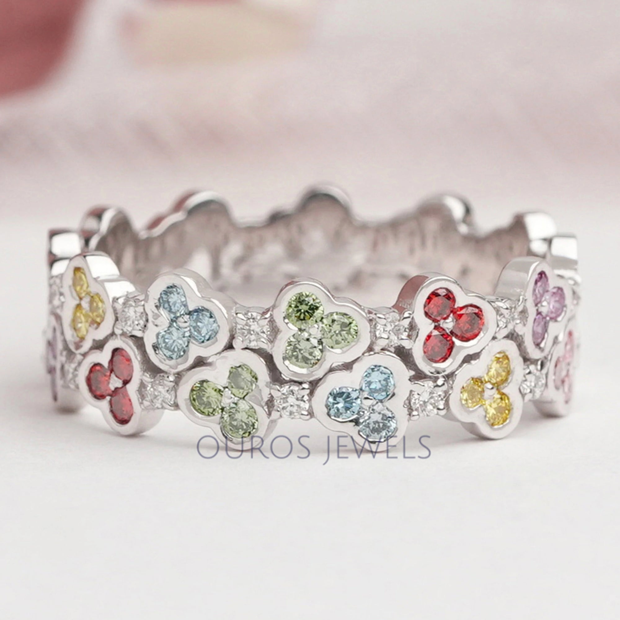 Rainbow Color Round Cut Lab Grown Diamond Wedding Band Ring