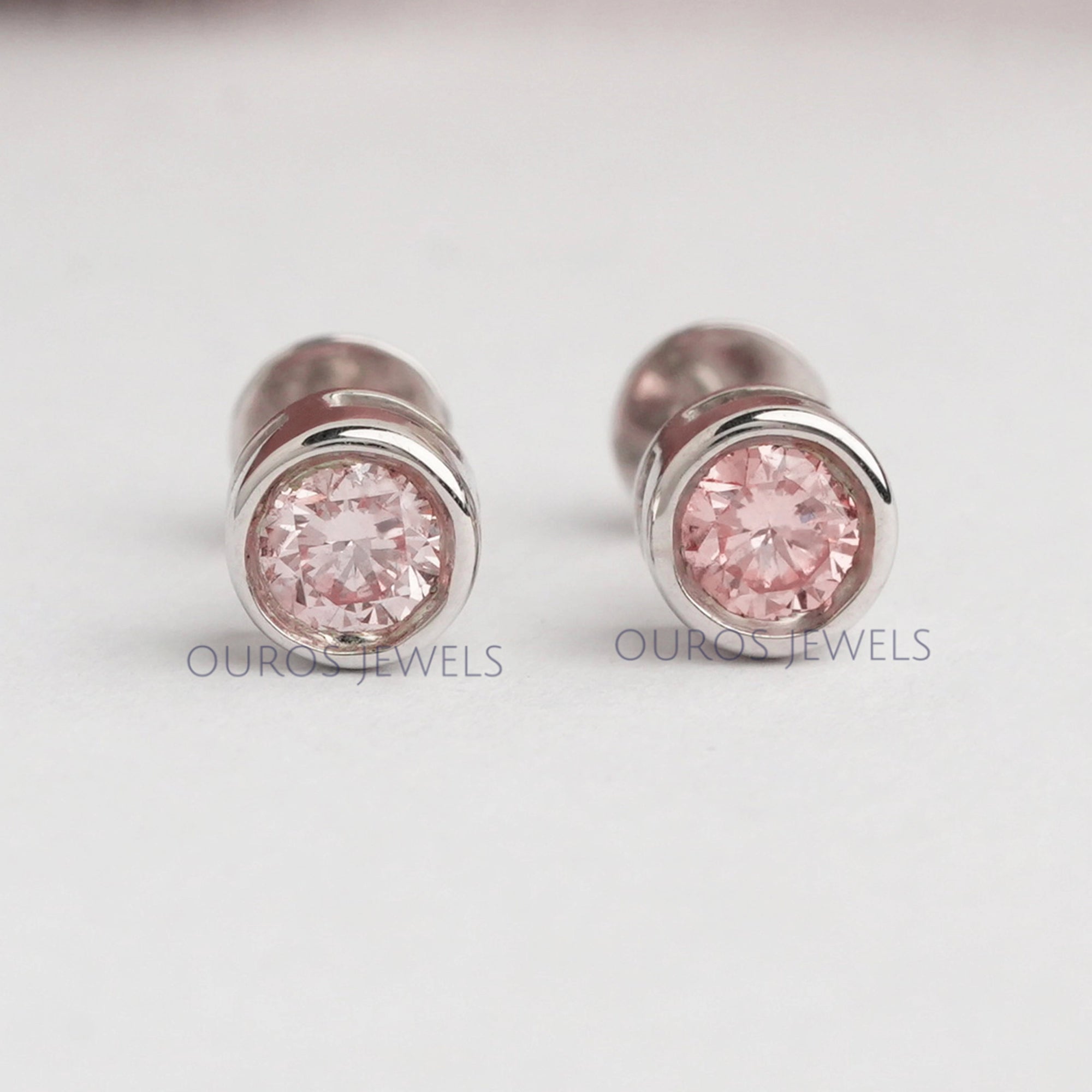 Bezel Set Pink Round Cut Diamond Earrings Earring