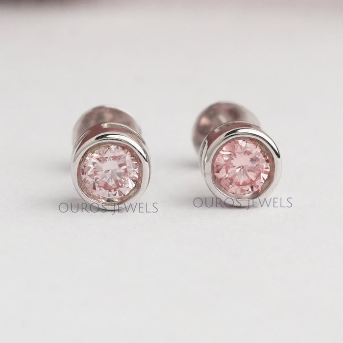 Bezel Set Pink Round Cut Diamond Earrings Earring