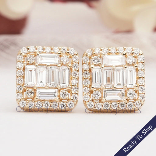 Baguette And Round Cut Lab Diamond Halo Stud Earrings Earrings
