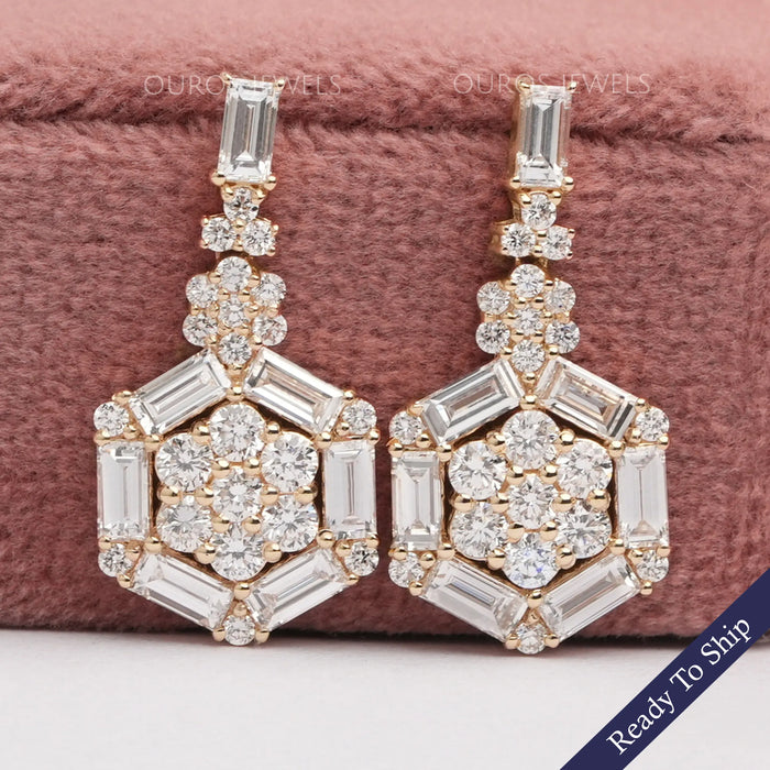 Hexagon Shape Baguette And Round Cut Screw Back Earrings