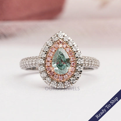 Fancy Vivid Green Pear Cut Lab Diamond Halo Ring Ring