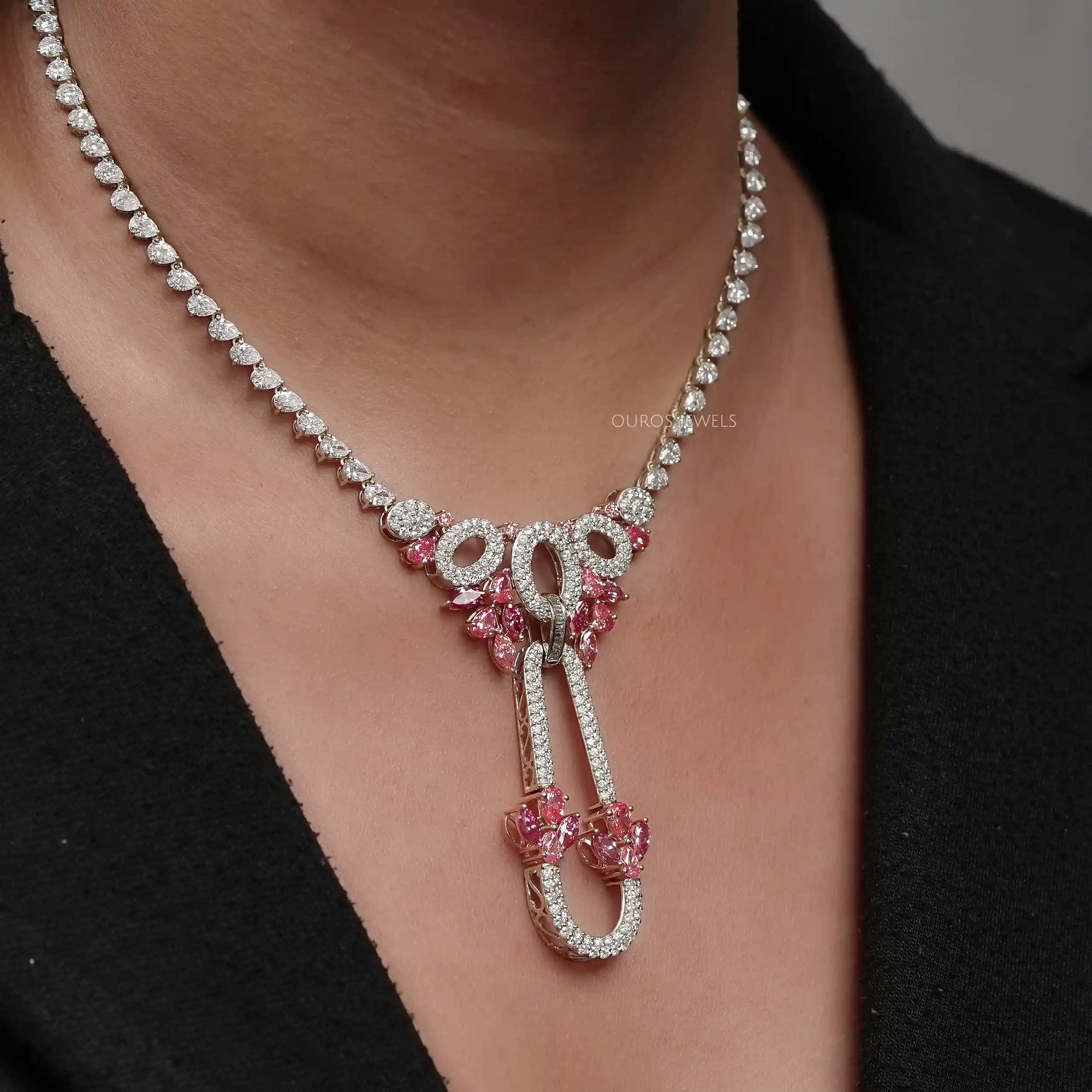 Pink Pear And Marquise Diamond Cluster Bridal Necklace Necklaces