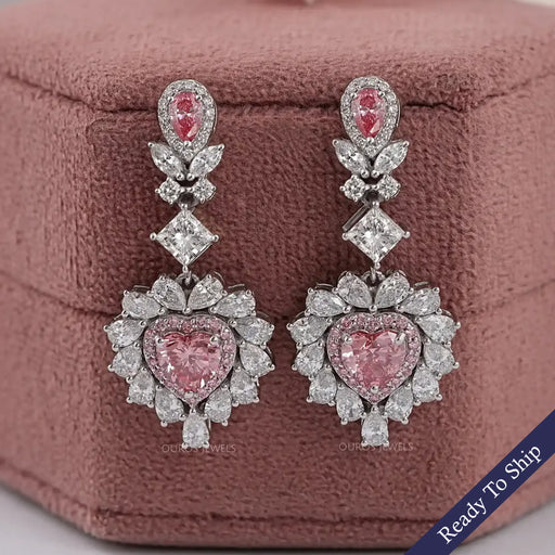 Pink Heart Lab Diamond Double Halo Drop Earrings Earrings