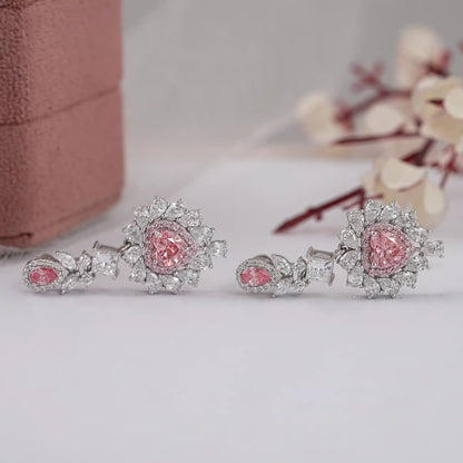 Pink Heart Lab Diamond Double Halo Drop Earrings Earrings