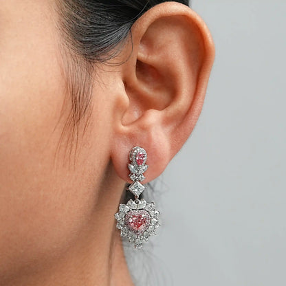 Pink Heart Lab Diamond Double Halo Drop Earrings Earrings