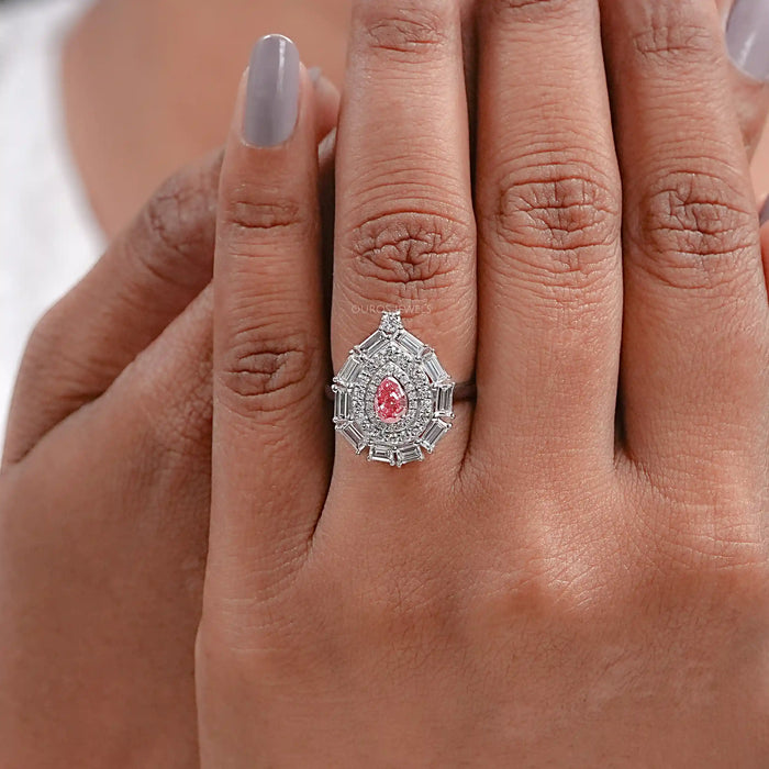 0.40 CT Pink Pear Cut Lab Diamond Double Halo Ring Ring