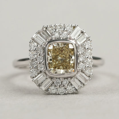 Yellow Cushion Cut Bezel Set Cluster Diamond Ring