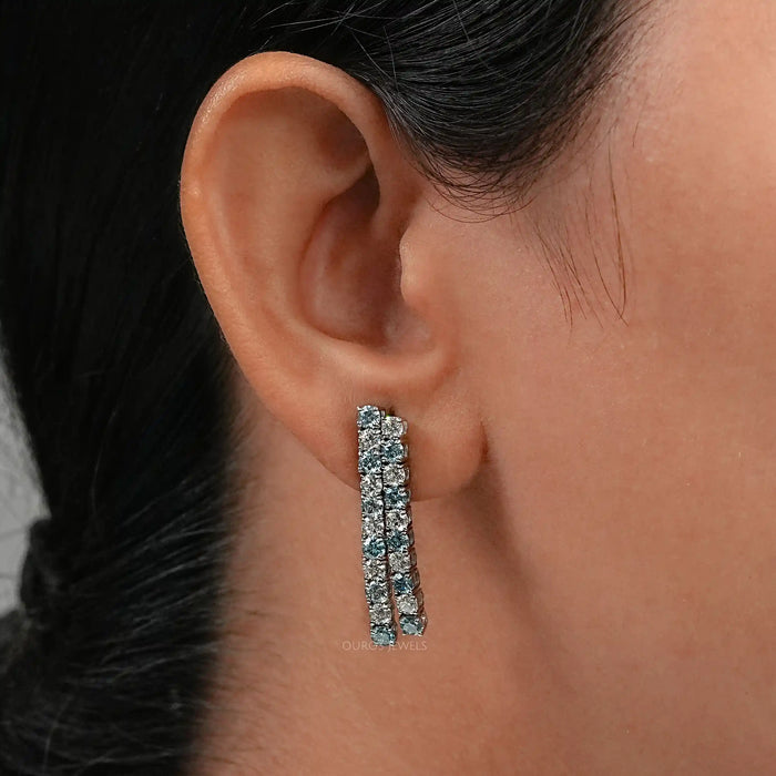 Double Row Blue Round Lab Diamond Earrings Earrings