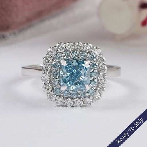 Blue Cushion Cut Lab Diamond Double Halo Ring Ring