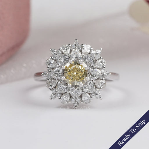 Yellow Cushion Cut Lab Diamond Sunburst Cluster Set Halo Ring Ring