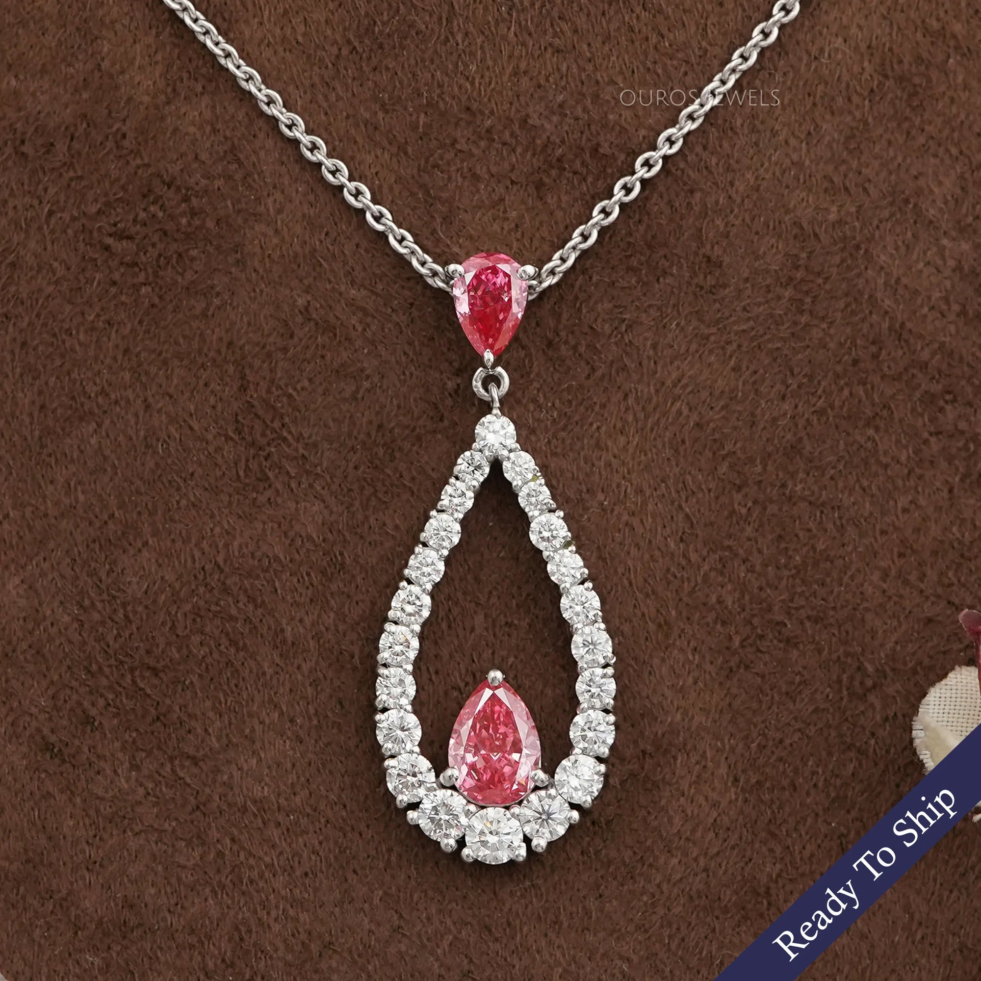 Pink Pear Diamond Open Shape Pendant Necklaces