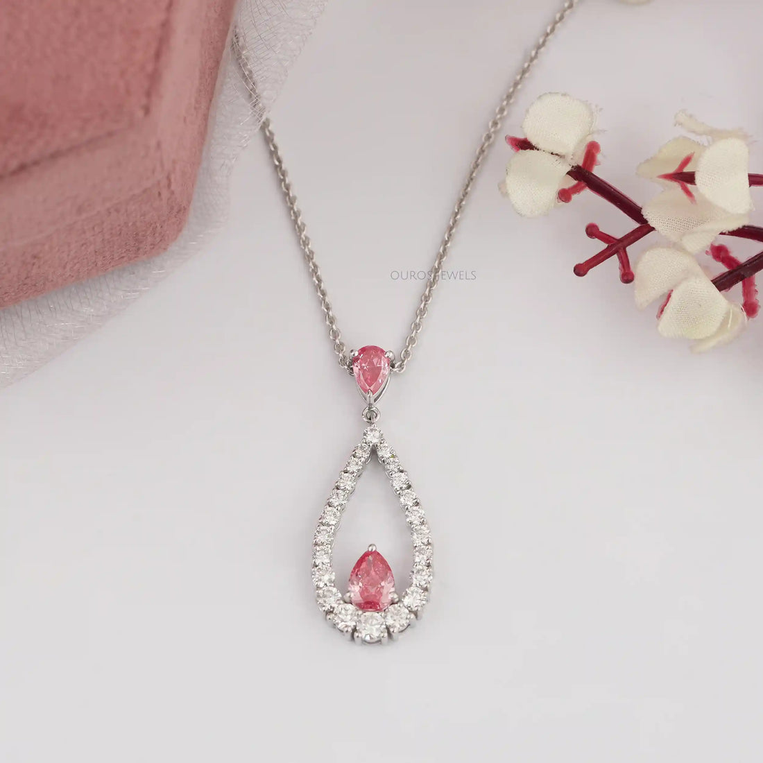 Pink Pear Diamond Open Shape Pendant Necklaces