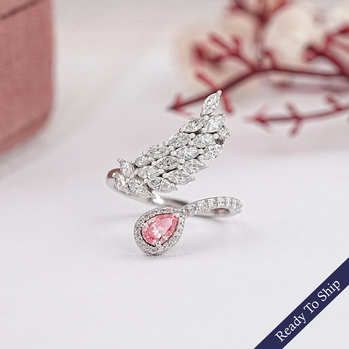 Pink Pear And Marquise Cut Diamond Leaves Style Bypass Ring Ring