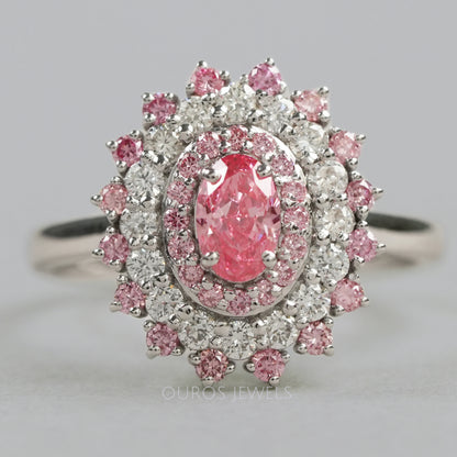 Pink Oval Cut Double Halo Diamond Engagement Ring