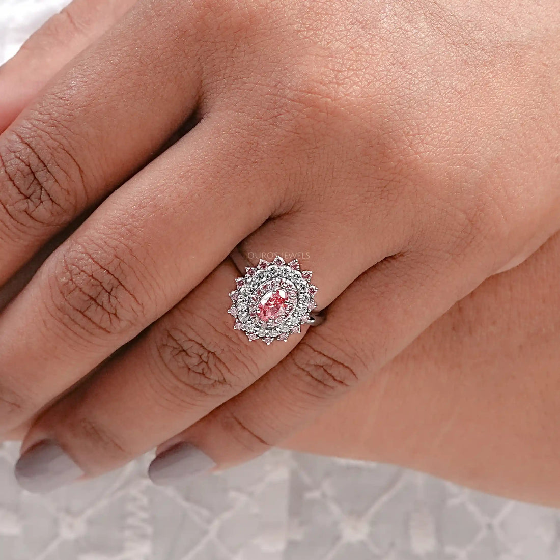 Pink Oval Cut Lab Diamond Double Halo Engagement Ring Ring