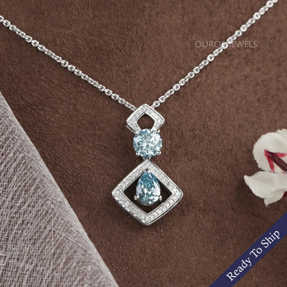 Blue Pear And Round Diamond Floating Pendant Necklaces