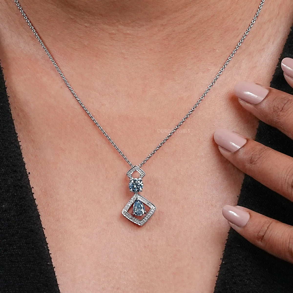 Blue Pear And Round Diamond Floating Pendant Necklaces