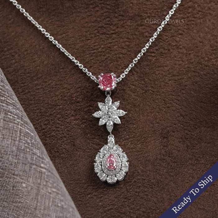 Pink Pear Diamond Double Halo Drop Pendant Necklaces