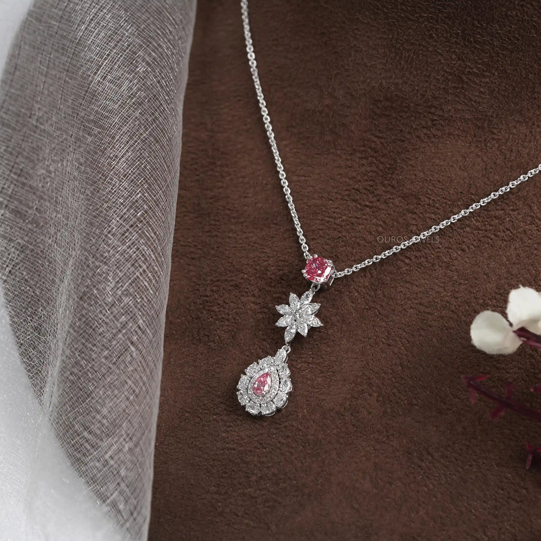 Pink Pear Diamond Double Halo Drop Pendant Necklaces