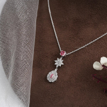 Pink Pear Diamond Double Halo Drop Pendant Necklaces