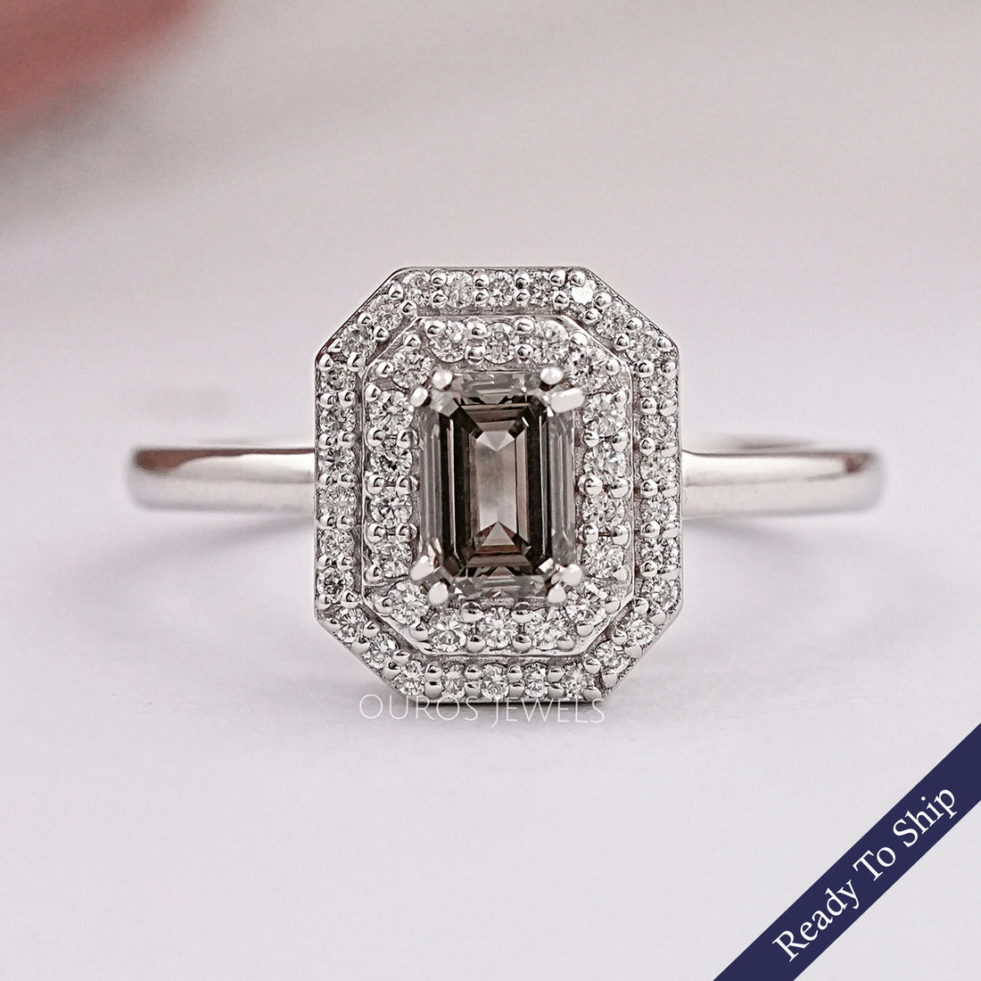 Olive Emerald Cut Lab Diamond Double Halo Engagement Ring Ring