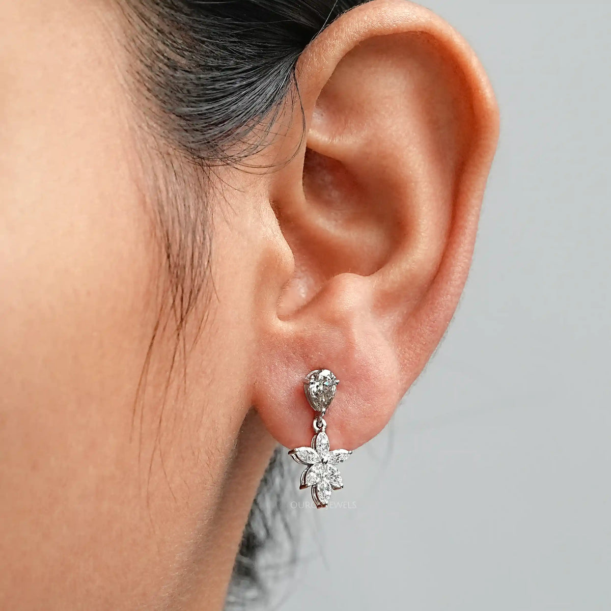 Olive Pear Lab Diamond Floral Drop Earrings Earrings