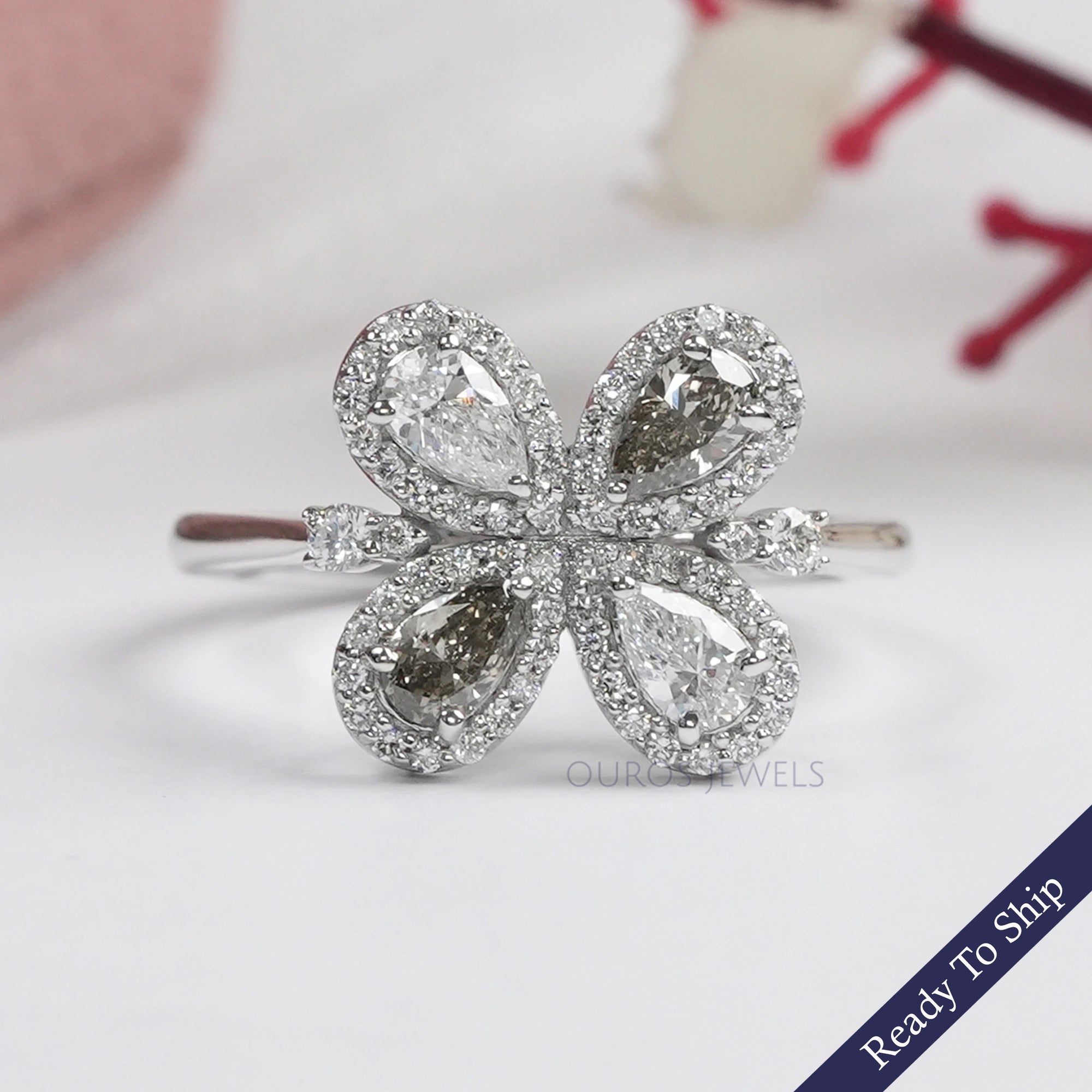 Olive Pear Shape Lab Diamond Floral Style Halo Ring Ring