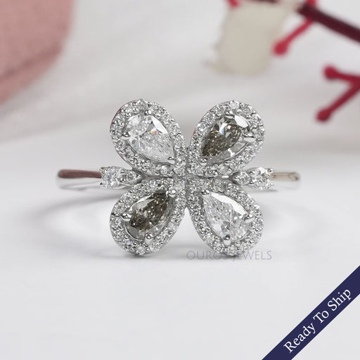 Olive Pear Shape Lab Diamond Floral Style Halo Ring Ring
