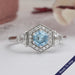 Blue Hexagon Cut Lab Diamond Three Stone Halo Ring Ring