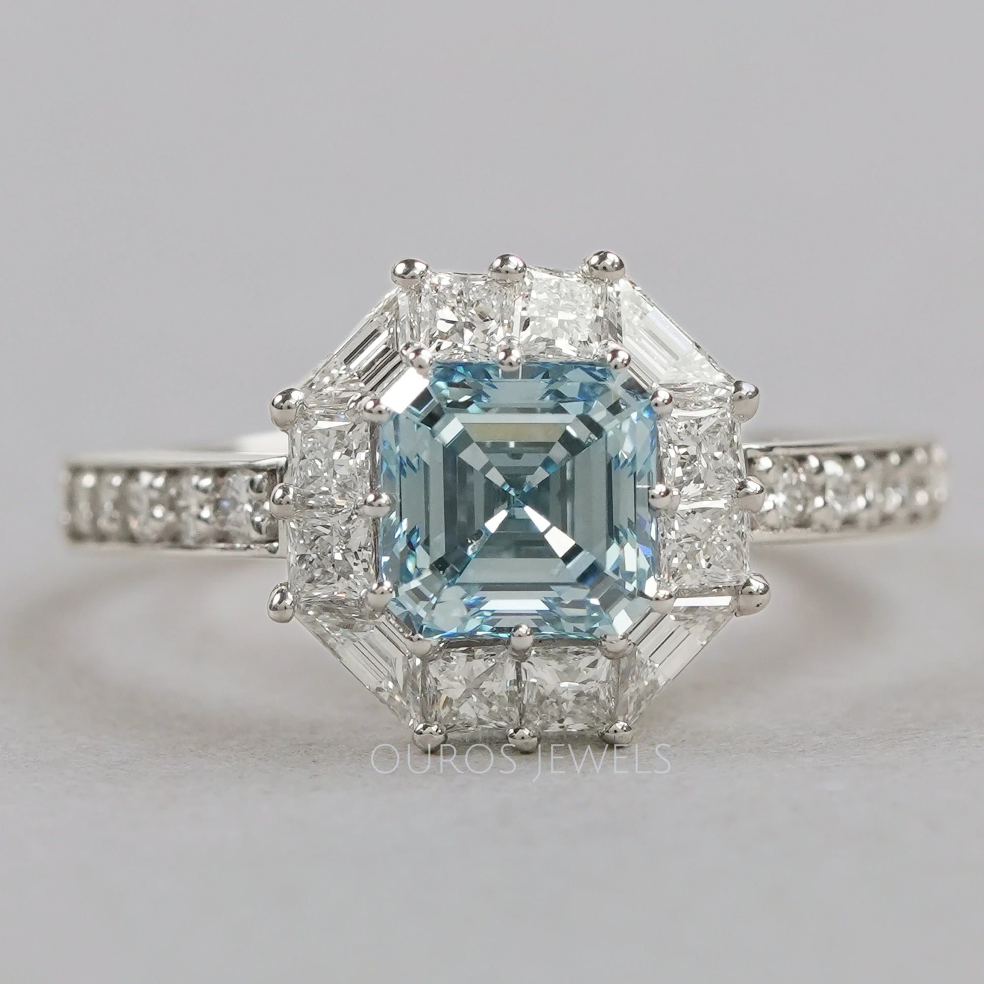 Fancy Blue Asscher Cut Halo With Accent Lab Diamond Ring Rings