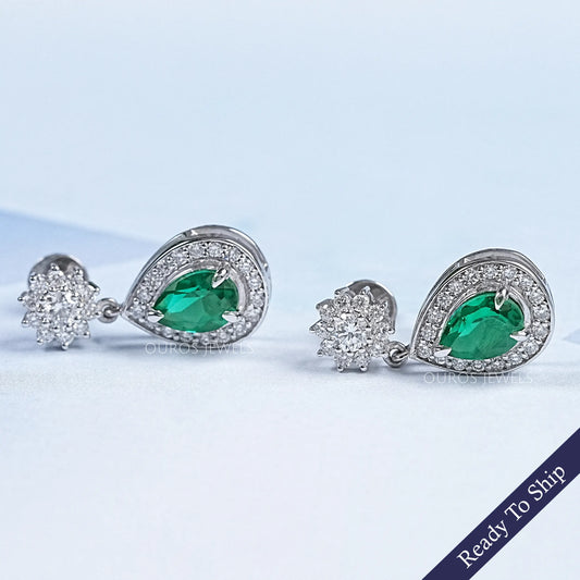 Emerald Pear Gemstone Drop Earrings