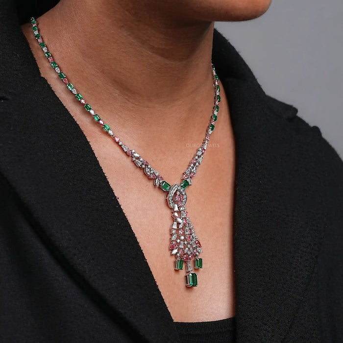 Pink Pear Diamond and Emerald Gemstone Bridal Necklace Necklaces
