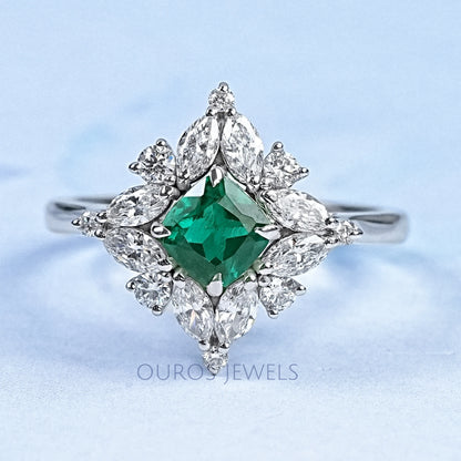 Lab Green Cushion Shape Halo Gemstone Ring Ring