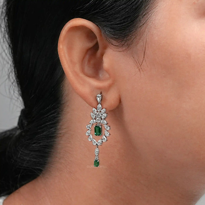 Green Emerald And Lab Diamond Dangle Earrings Earrings