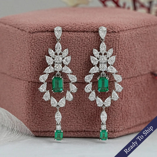 Green Emerald And Lab Diamond Dangle Earrings Earrings