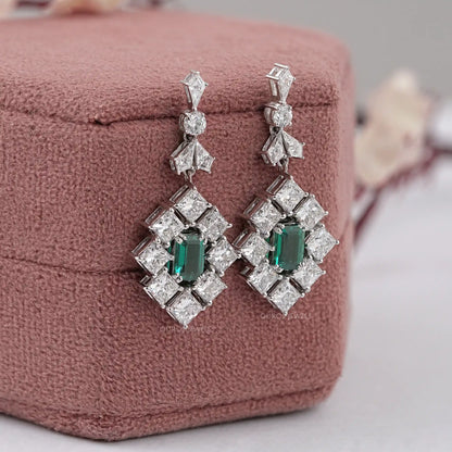Green Emerald And Princess Diamond Halo Earrings Earrings