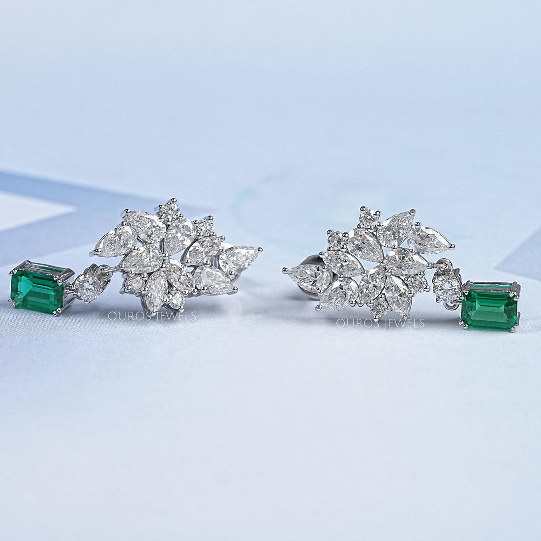 Diamond Cluster Drop Emerald Earrings