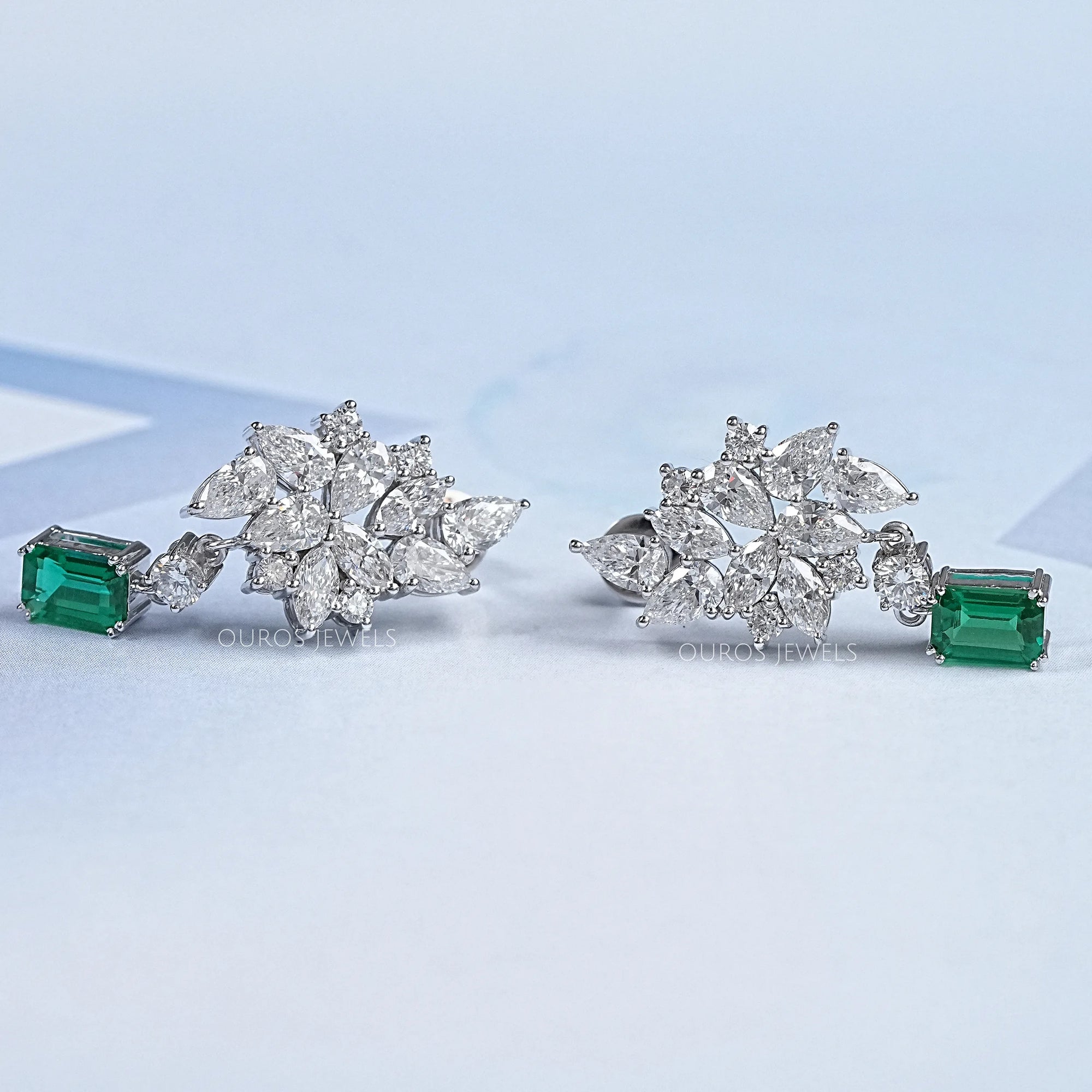 Diamond Cluster Drop Emerald Earrings