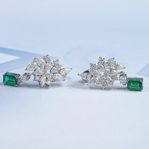 Diamond Cluster Drop Emerald Earrings