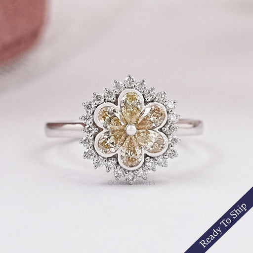 Yellow Pear Cut Lab Diamond Bezel Set Floral Style Halo Ring Ring