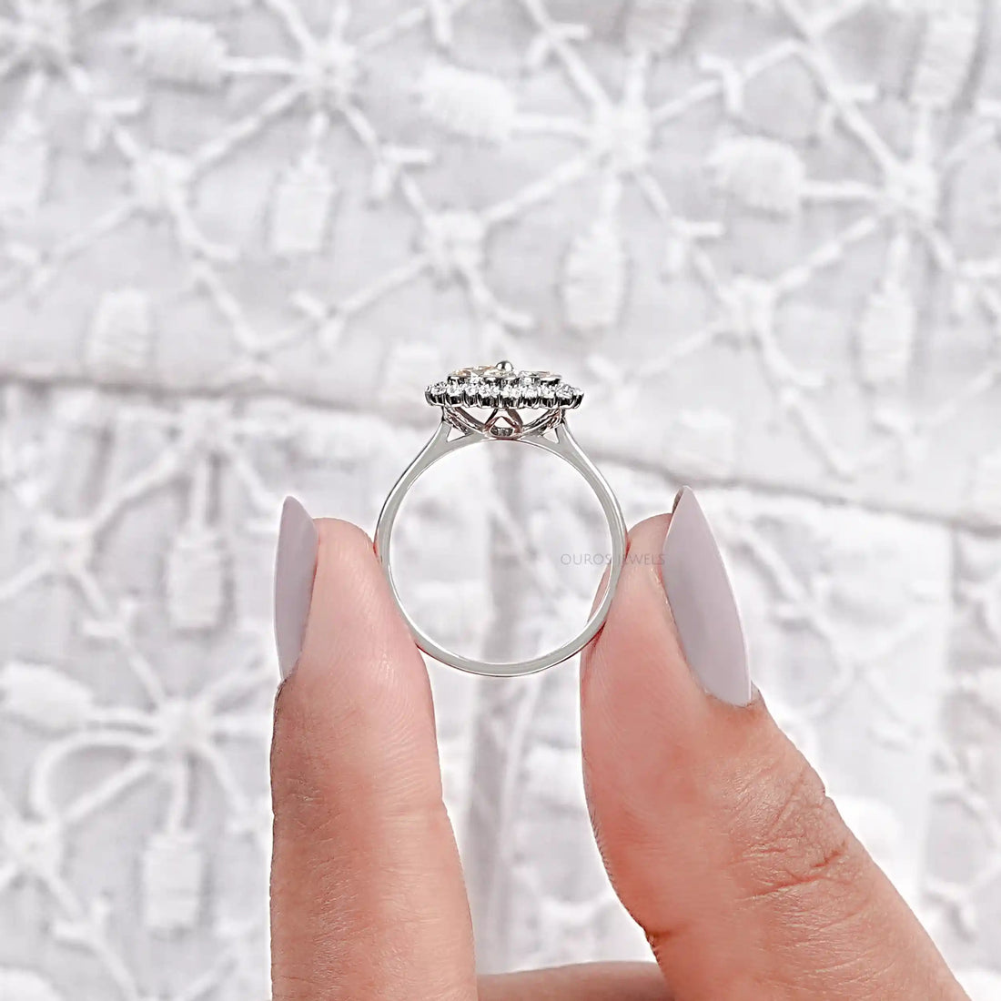 Yellow Pear Cut Lab Diamond Bezel Set Floral Style Halo Ring Ring