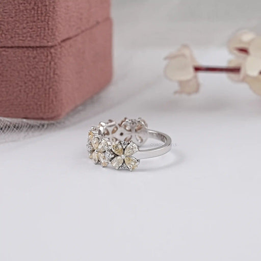 Yellow Pear Shape Floral Style Half Eternity Diamond Band Ring