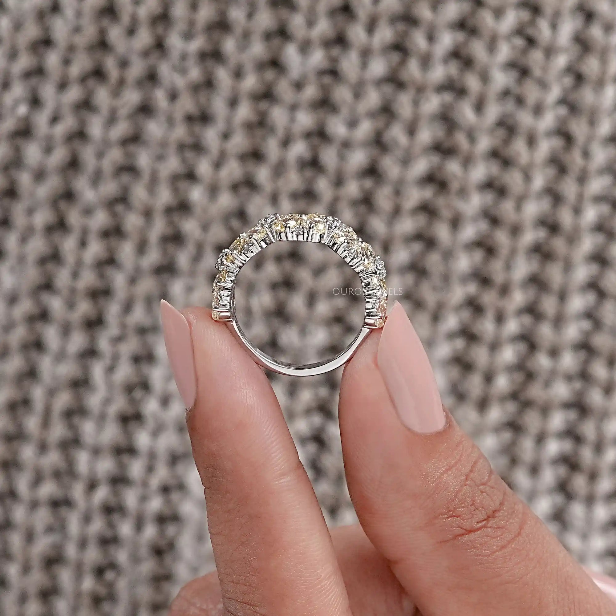 Yellow Pear Shape Floral Style Half Eternity Diamond Band Ring